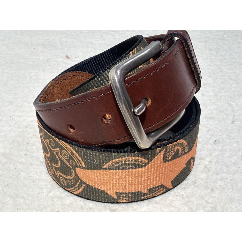 Men's Brown Leather & Olive Canvas Belt with Orange Accent